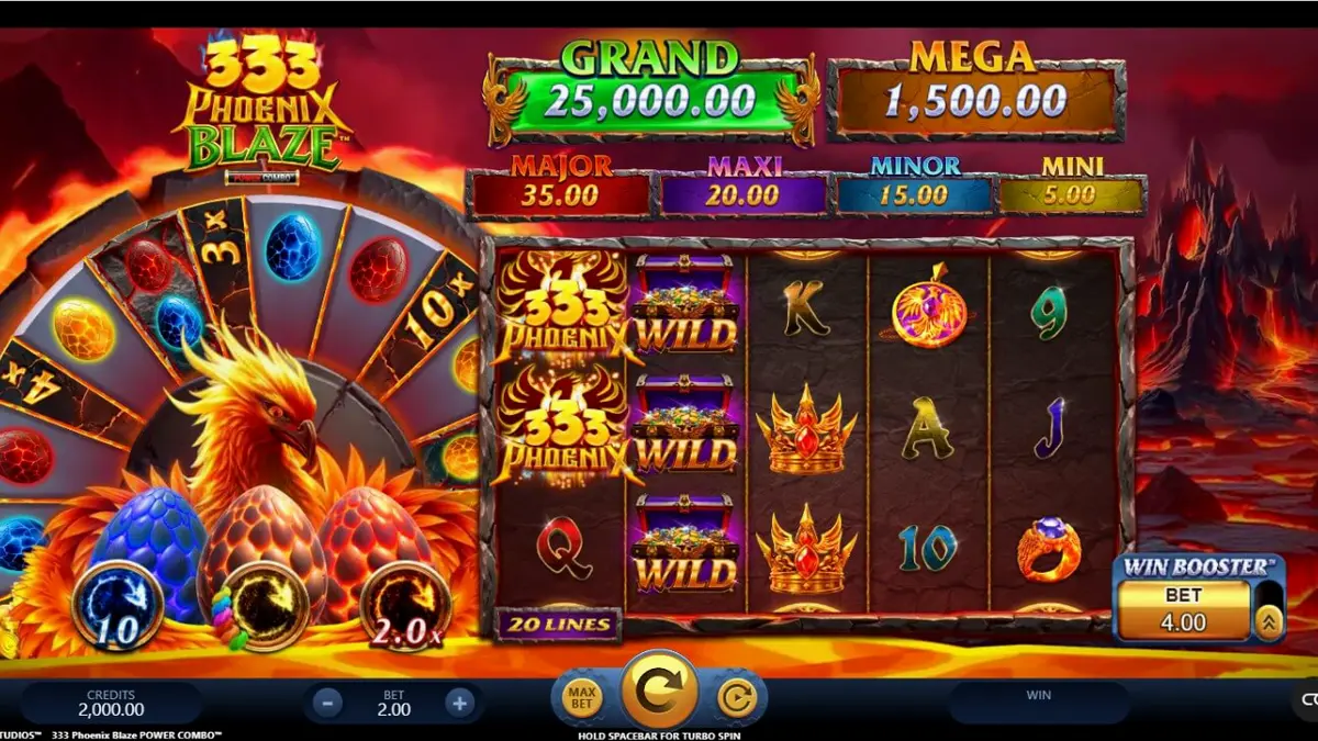 Tampilan visual slot 333 Phoenix Blaze Power Combo dengan latar belakang gunung berapi.