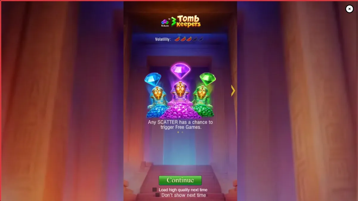 Tampilan visual slot 3 Tomb Keepers dengan patung Firaun dan suasana makam kuno.
