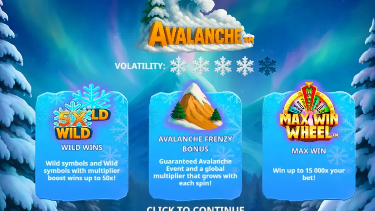 Tampilan visual slot Avalanche dengan tema pegunungan salju dan yeti yang lucu.